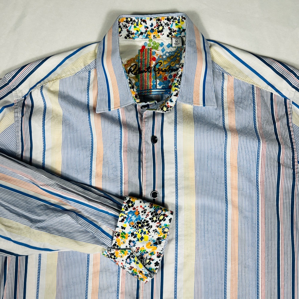 Robert Graham Mens Classic Fit Multi Color Striped Floral Contrast Shirt Size M